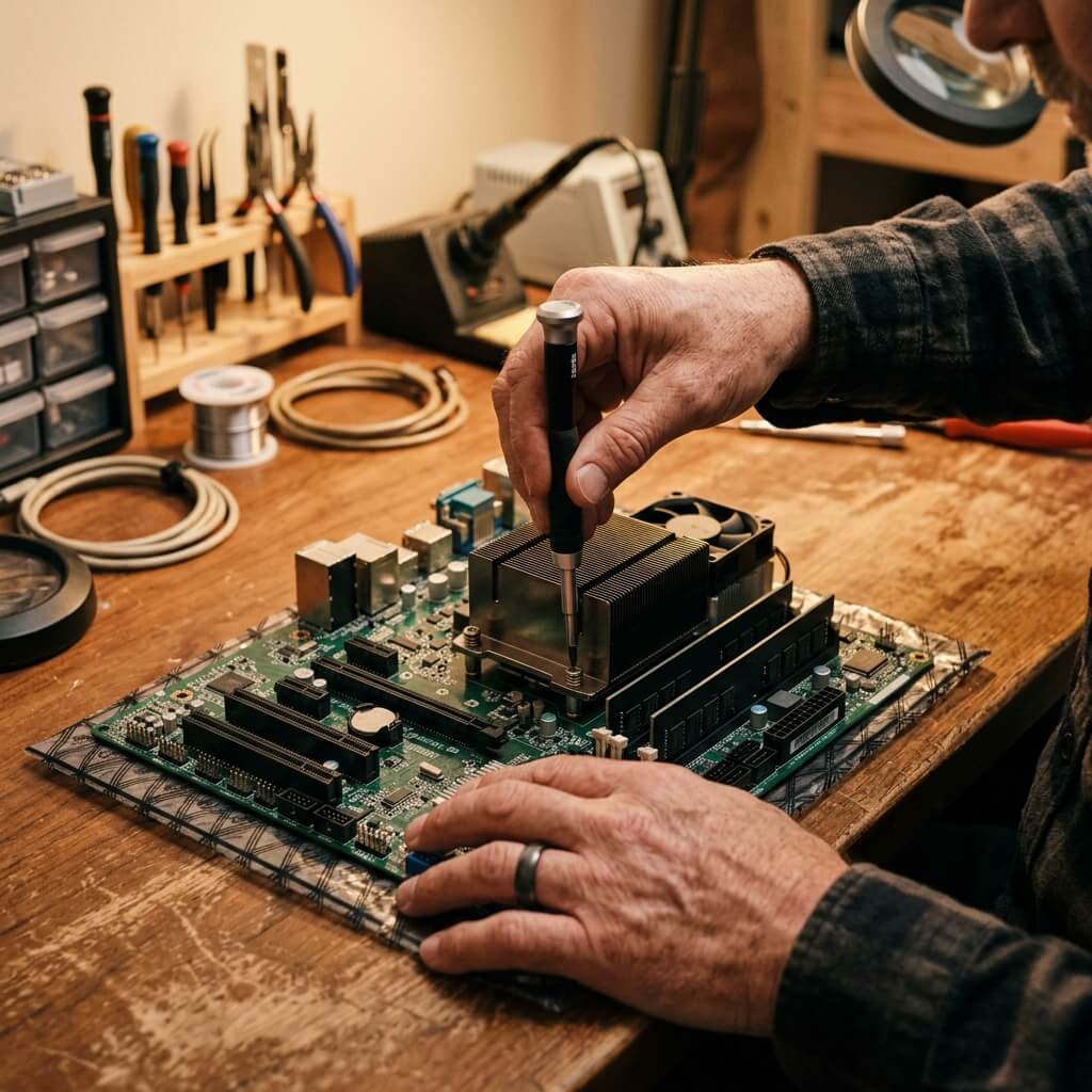 Nahaufnahme von Händen, die einen Computer reparieren und prüfen